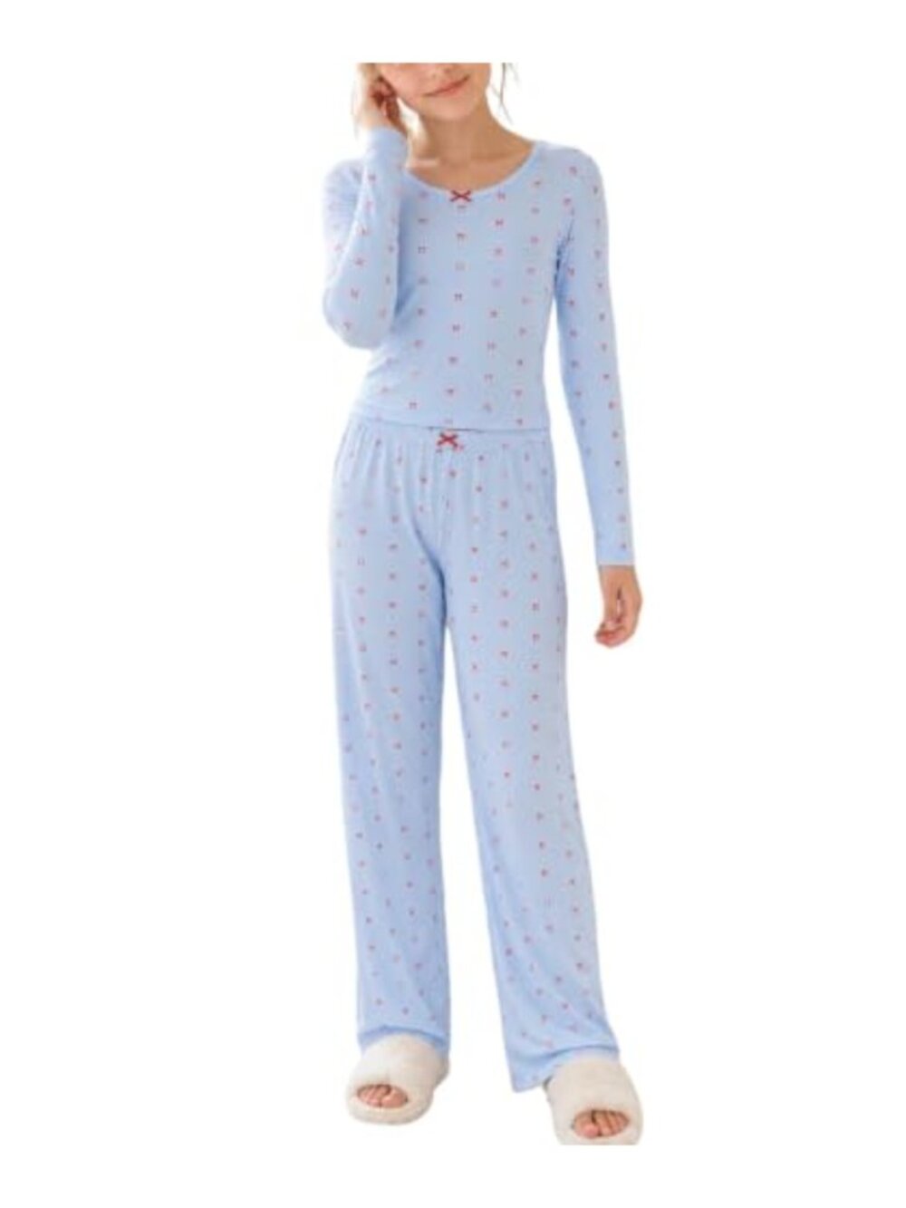 Girls 2-Piece Pajama Set Bow Print Scoop Neck Top Wide Leg Pants Sleepwear